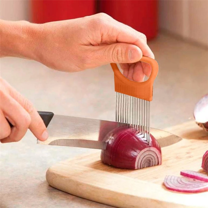 

Stainless Steel Tomato Onion Vegetables Slicer Cutting Aid Holder Guide Slicing Cutter Safe Fork Gadget Kitchen Tools hot C0202