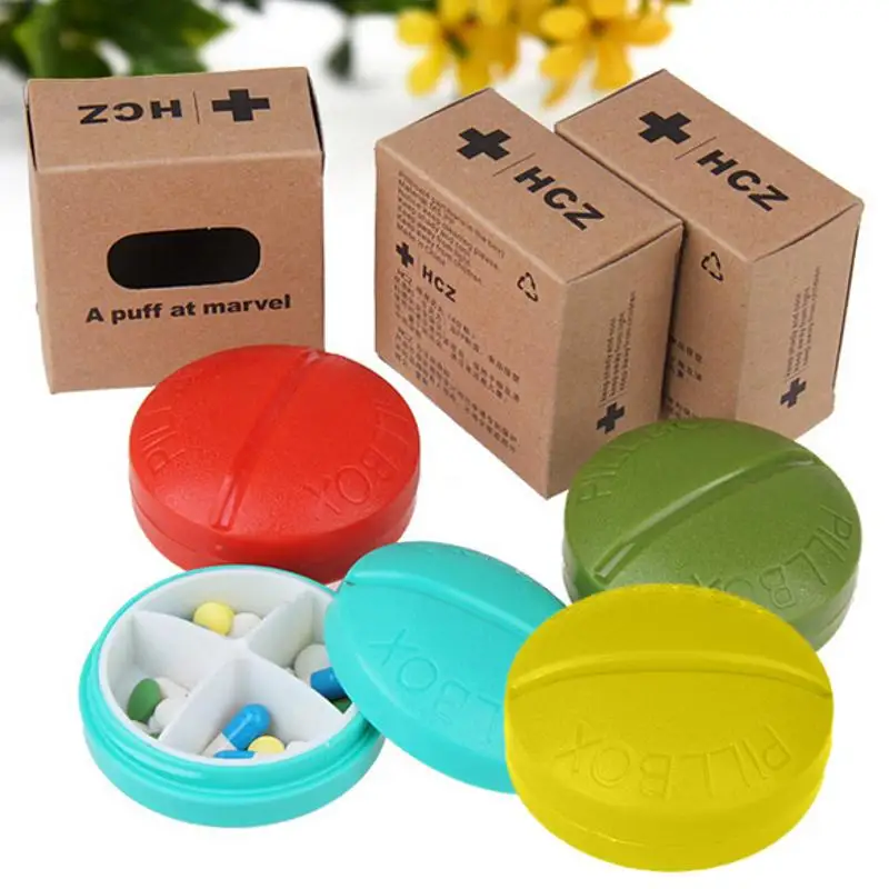 

Portable Round 4 Compartment Pill Case Box Travel Carrying Case Medicine Drugs Capsule Splitter Storage Holder Organizer