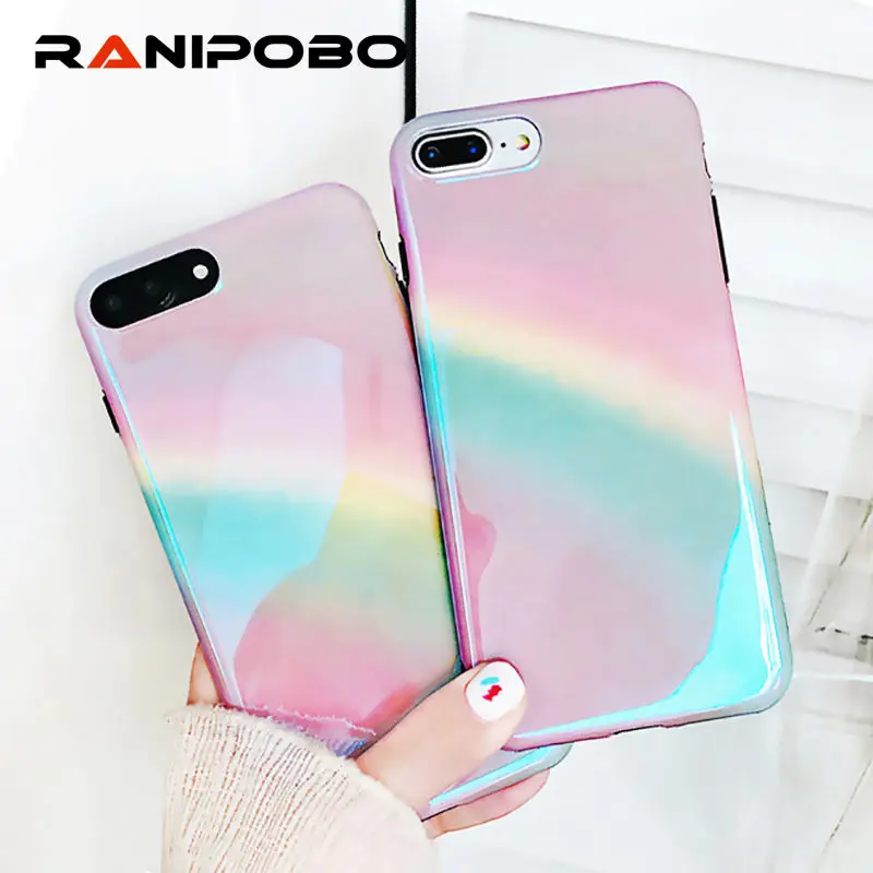 

Fashion Blu-Ray Gradient Rainbow Phone Case For iPhone X 6 6S 7 8 Plus Shiny Purple Glossy Soft IMD Phone Back Cover Cases