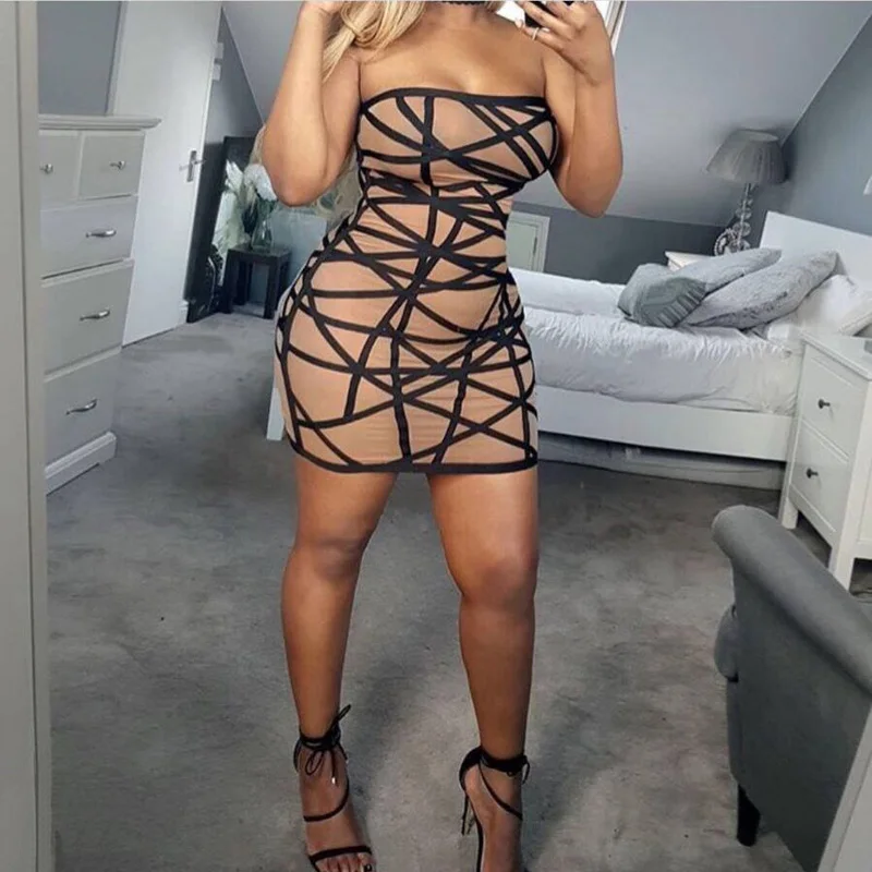 High Quality 2017 New Style Blak and Nude Plaid Mesh Bandage Dress Fashion Striped Strapless Mini Celebrity Evening Party Dresses