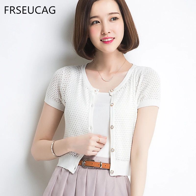 

FRSEUCAG Best selling new fashion round neck openwork knit women's short-sleeved cardigan thin sweater simple white coat shawl