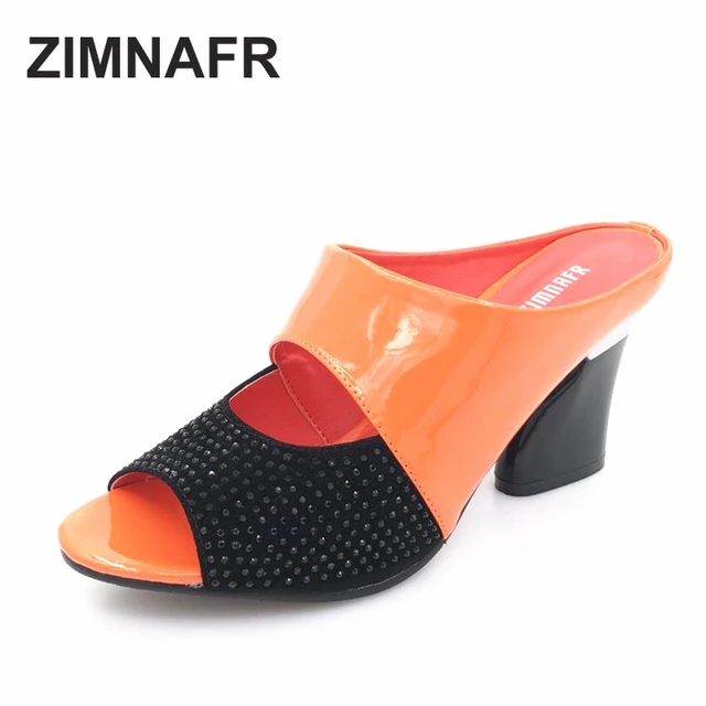 ZIMNAFR brand 2017 hot sale women genuine leather slippers rhinestone thick high-heeled sandals open toe plus szie 34-42