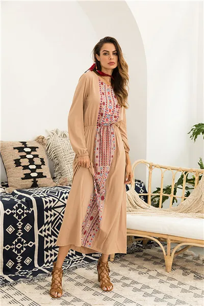 Элегантное мусульманское платье макси с принтом абайя длинный рукав полная юбка кимоно длинные халаты Рамадан Ближний Восток Арабский исламский одежда - Цвет: Khaki