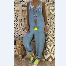 Plus Size  S-2XL New Women's Casual Loose Denim  Lady's Solid Colors Baggy Jeans Wide Leg Jumpsuit Pants