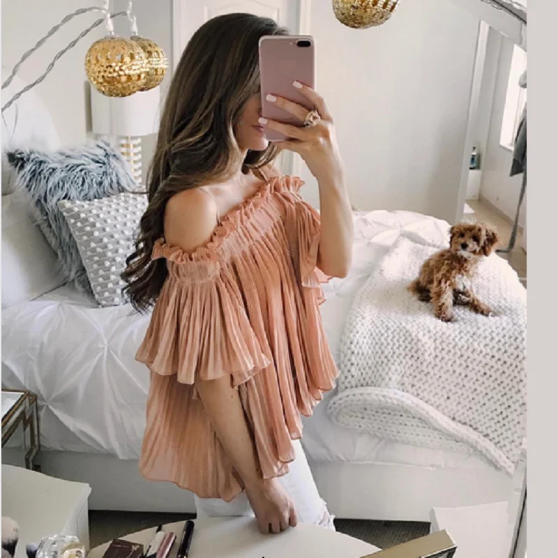 

2019 summer new fashion women's blouse sexy strapless Slash neck shirts ruffles loose short tops