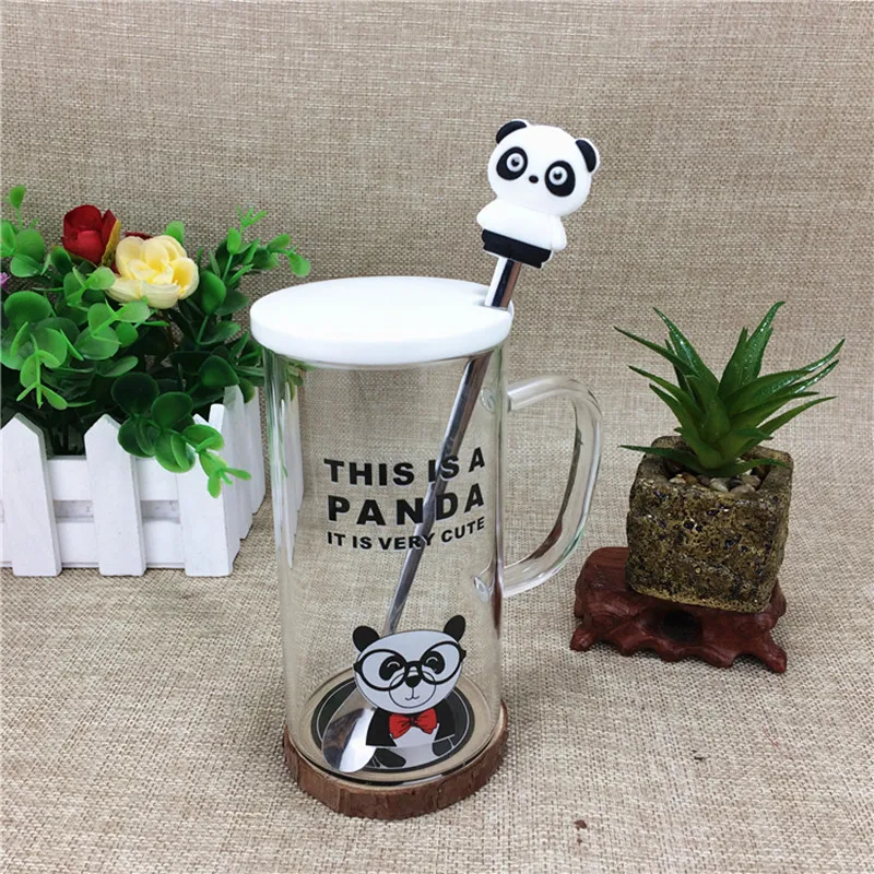 

Cute Panda Cup with spoon Glass Cups with Lid Portable warter bottle with handle Transparent Drinkware Best Lovers Gift