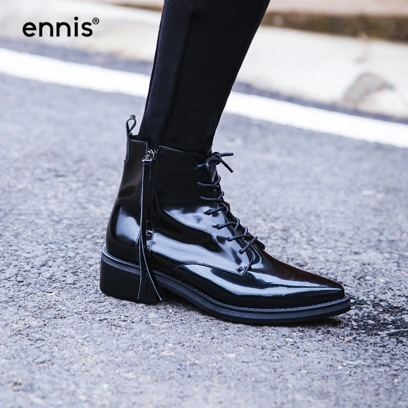 patent leather low heel boots