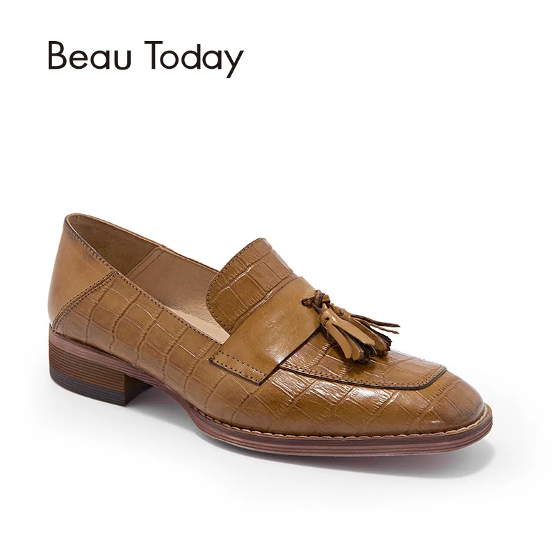 Goedkoop BeauToday Loafers voor Vrouwen Alligator Echt Koe Lederen Fashion Fringe Slip Op Schoenen Jurk Vierkante Teen Dames Flats 27053
