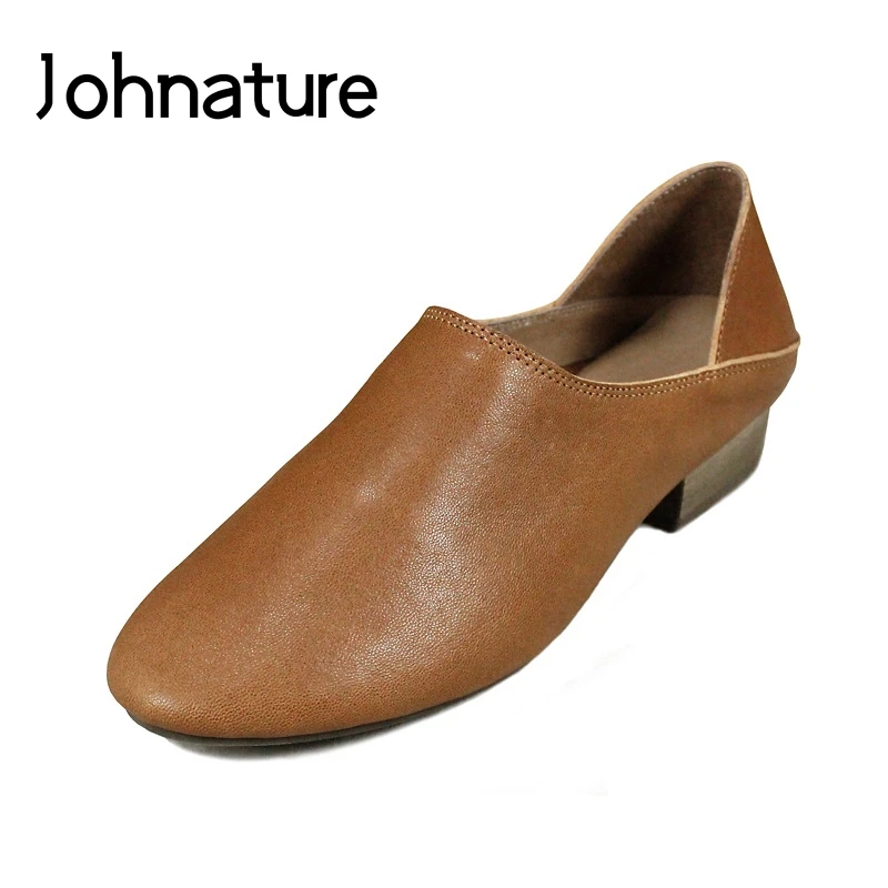 

Johnature 2019 New Spring/autumn Handmade Genuine Leather Comfortable Retro Round Toe Shallow Slip-on Low Heel Women Shoes Pumps