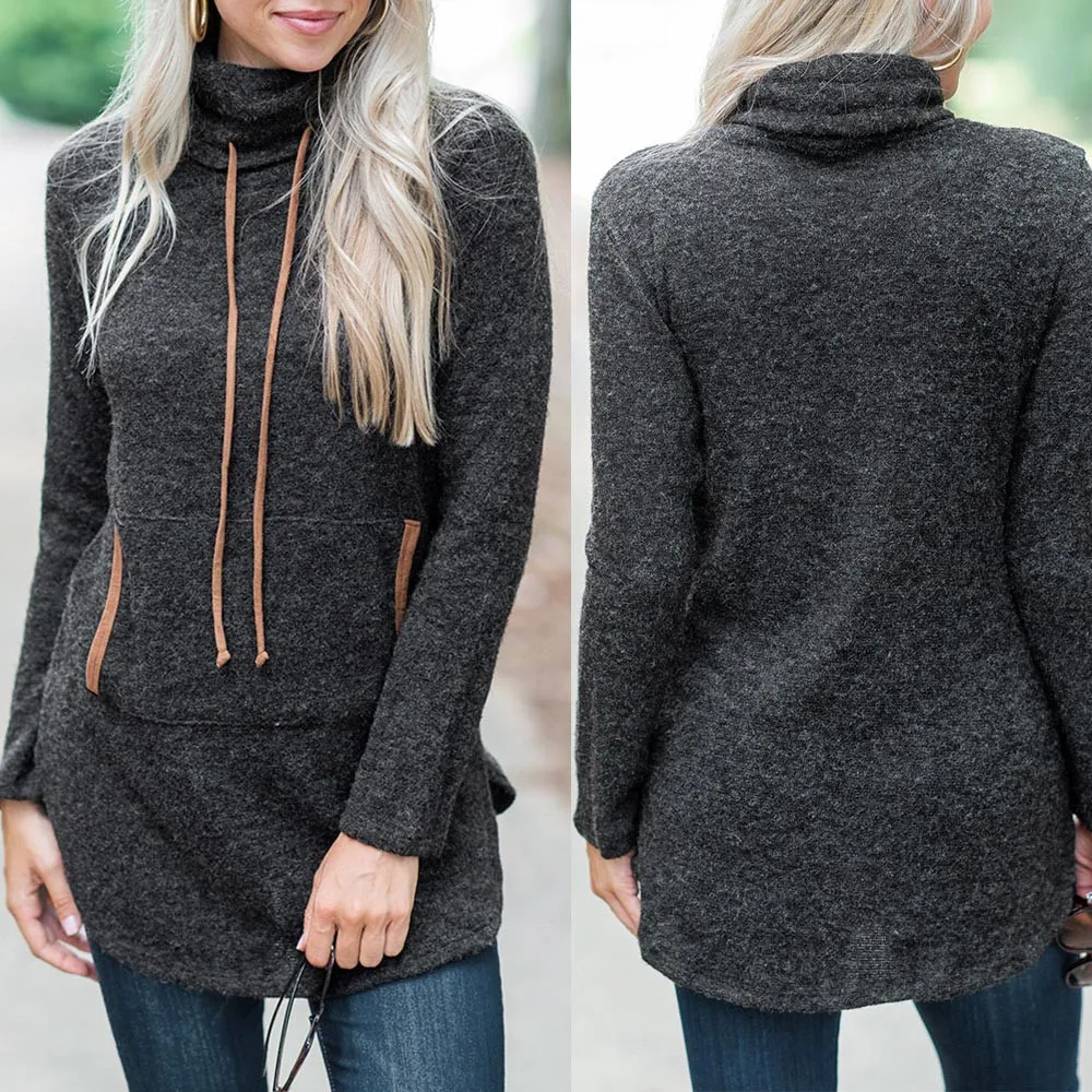 

Women Hoodie Dark Gray solid Stand Sweatshirt Long Sleeve Pocket Drawstring Pullover Top Blouse L0724