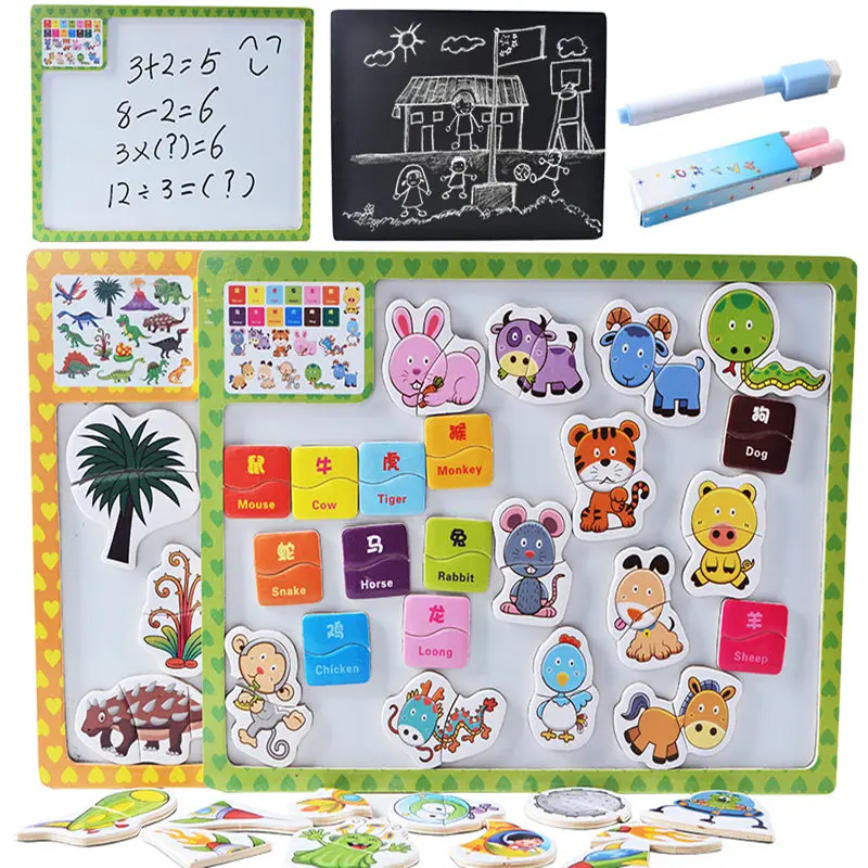 

New Magnetic Puzzle Drawing Board Double-side Animal/Vehicle Puzzle Child Learning Educational Wooden Toys Birthday Gift