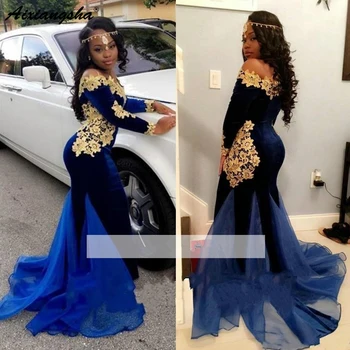

Royal Blue 2019 Prom Dresses Mermaid Long Sleeves Lace Velvet Gold Appliques Long Prom Gown Evening Dresses Robe De Soiree