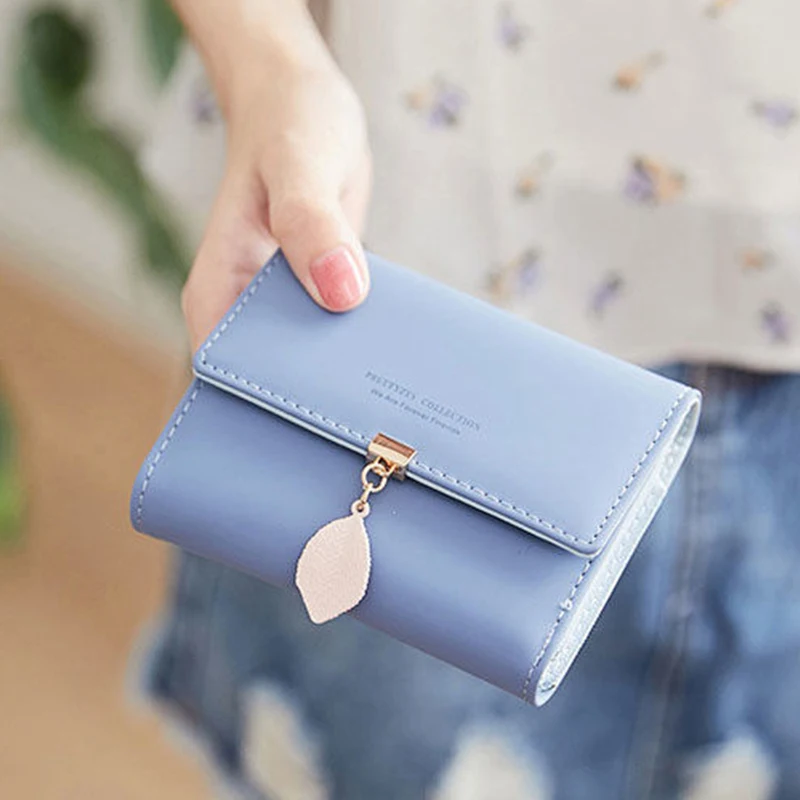 

korean fashion Leaf women short mini wallet pu leather zipper coin small purse trifold slim cute solid hasp clutch 2019 new sale