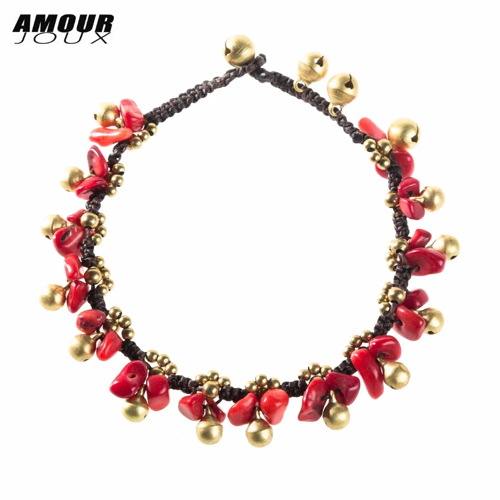 

AMOURJOUX 2018 Boho Handmade Red Stone Bell Charm Beaded Chain Anklets For Women Anklet Female Foot Jewelry