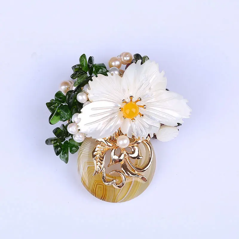 

JIUDUO Party Brooches Natural Stone Retro Jewelry Flowers Pearl Popular Sweater Buttons
