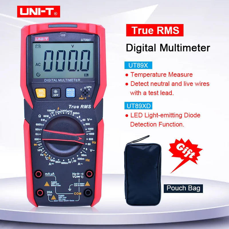 

UNI-T UT89X/UT89XD Digital multimeter True Rms AC DC Meter NCV/capacitor/triode/temperature/LED Tester 100V 20A Multimetro+Gift