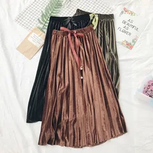 Новые осенние юбки с длинным разрезом из вельветовой юбки с высокой талией плиссированная юбка с поясом и бантом