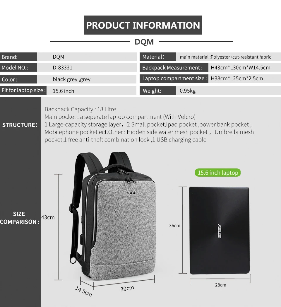 DQM Многофункциональный высокое качество среза устойчивый 15,6 usb рюкзак для ноутбука повседневный мужской рюкзак для путешествий для мужчин