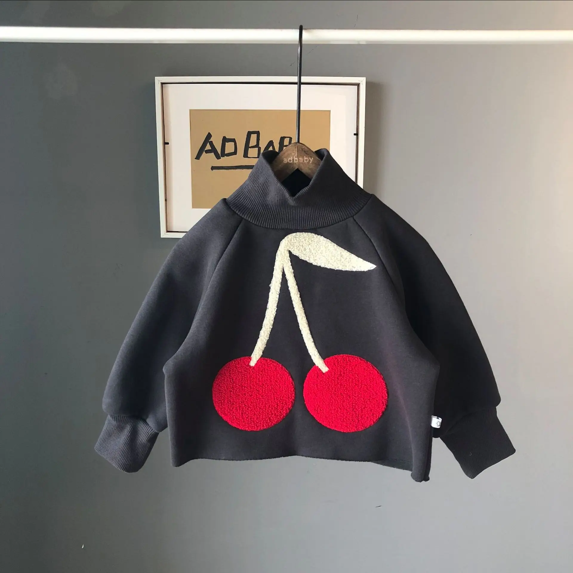 Children's Warm Turtleneck Pullover Hoodies Cherry Embroidery Coat for Baby Girls Winter Thicken Cartoon Tee Sweatshirts Clothes