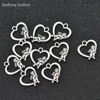 

fashion lychee 10pcs Angel Wings Cupid Love Heart Shaped Charms Tibetan Silver Beads For DIY Jewelry Making Pendant