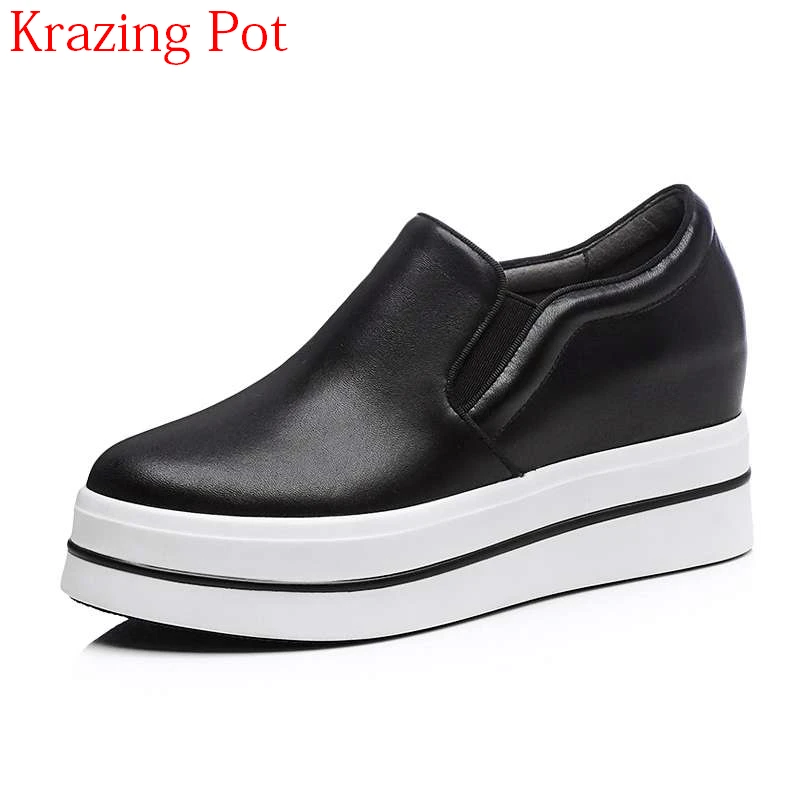 

2018 Superstar Genuine Leatehr Streetwear Platform Thick Bottom Slip on Sneakers Round Toe Loafers Increased Casual Shoes L3f7