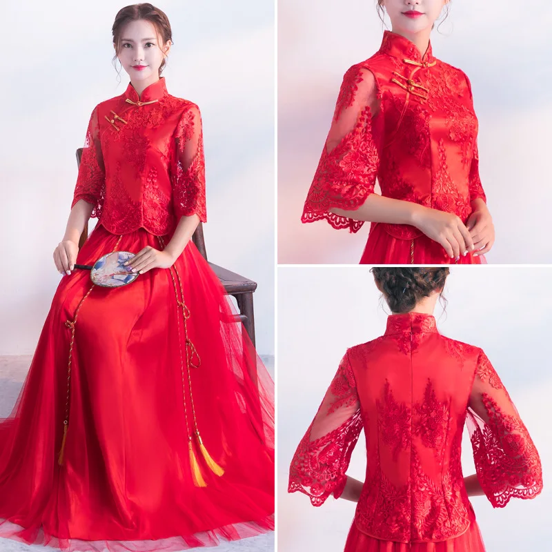 Тонкий шнурок Cheongsam с вышивкой дракона феникс шифоновое платье каскад кисточкой Показать Wo Костюмы невесты платье женщина