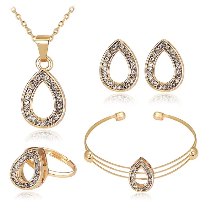 Hot Fashion Gold Color Jewelry Sets Waterdrop Pendant Necklace Hot Fashion Gold Color Jewelry Sets Waterdrop Pendant Necklace Earrings Rings Bangles Crystals Women Wedding