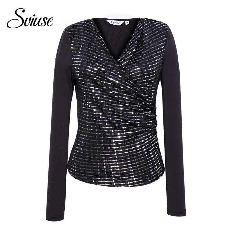 Shiny Sequin V Neck Wrap Shirt Blouses Women Autumn