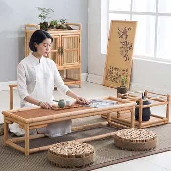 Vintage Rattan Indoor Bamboo Furniture Floor Table 100*40cm Asian Style Tatami Coffee/Tea Living Room Low Tea Table Bamboo Table round table assemble double layer square coffee table bamboo japanese tea table for living room home furniture