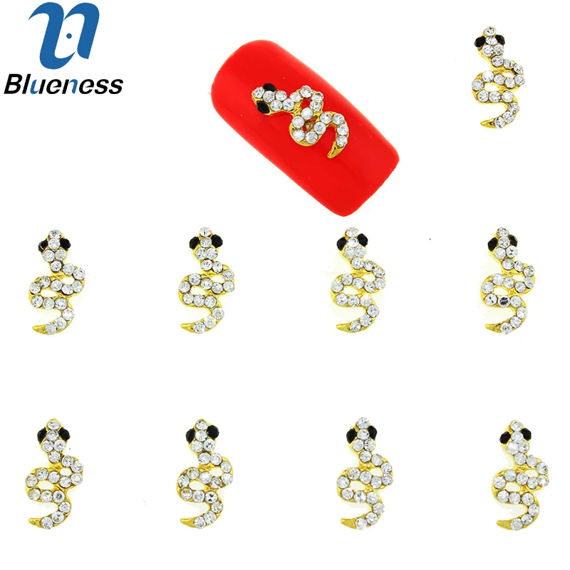 

10 Pcs/Lot 3D Glitter Rhinestones Covering Snake Design Nail Art Black Strass Decorations For Gold Alloy Manicure Studs TN1691