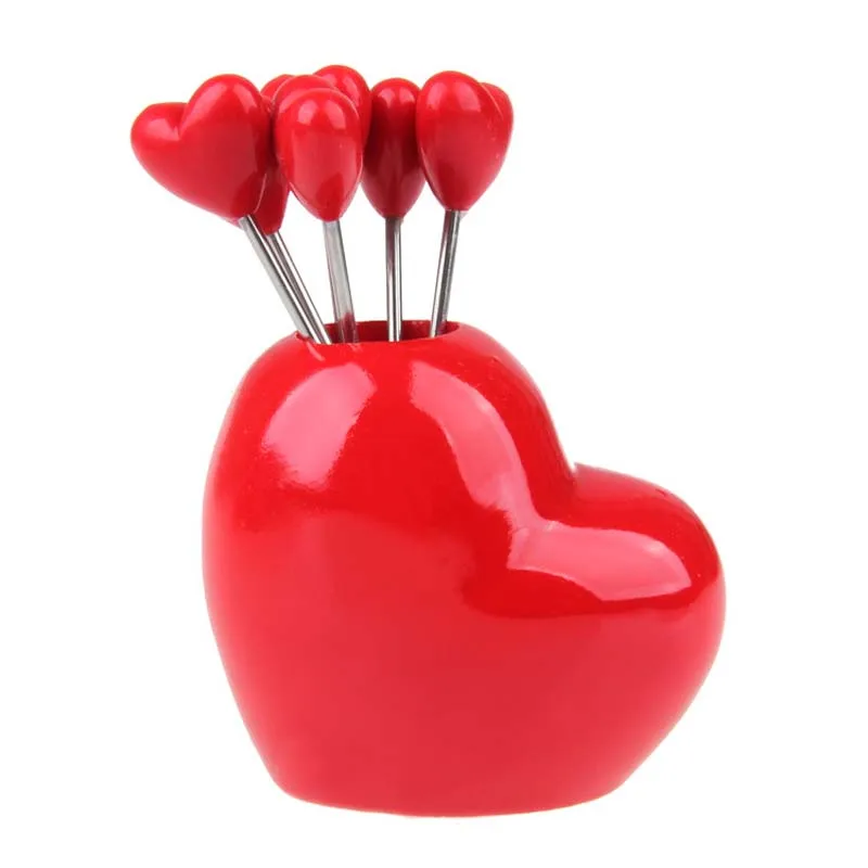 1 Set Love Forks Love Holder Novelty Oblique Red Heart Stainless Steel Fruit Fork Dessert Fork