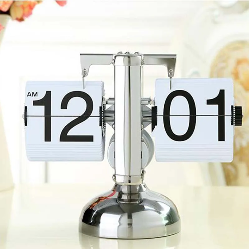 

White Color Retro Flip Down Clock Unique Modern Black Adjustable Height Internal Gear Operated Table Desktop Clocks