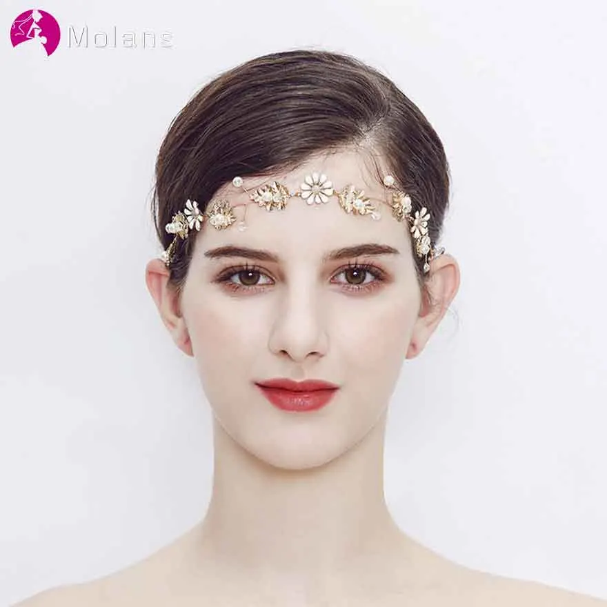 

MOLANS Noble Handmade Pearls Floral Headbands for Bride Hair Accessories Simple Golden Alloy with Beading Headpiece for Wedding