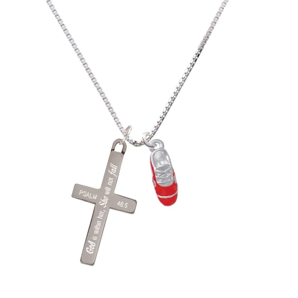 3-D Red Running Shoe - She will not Fall - Cross Necklace