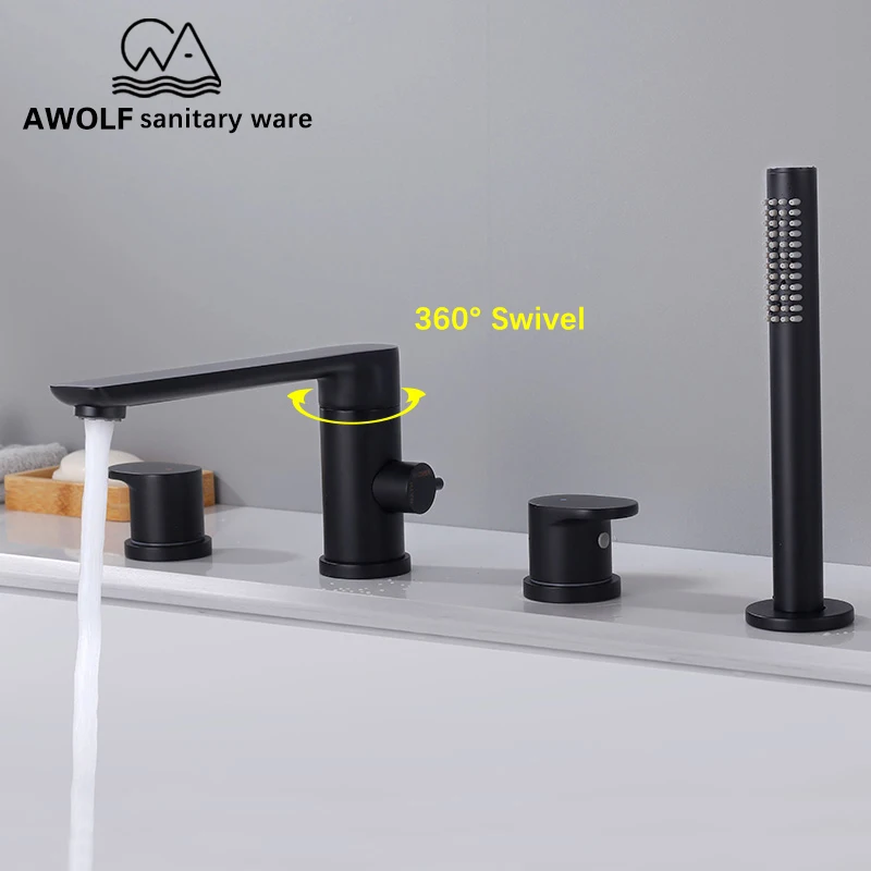 Ensemble De Robinets Baignoire Et Douche Salle Bains, Lavabo En Laiton Massif Monté Sur Le Pont, Robinet Extractible 4 Pièces, Mitigeur Noir Mat Ml8058