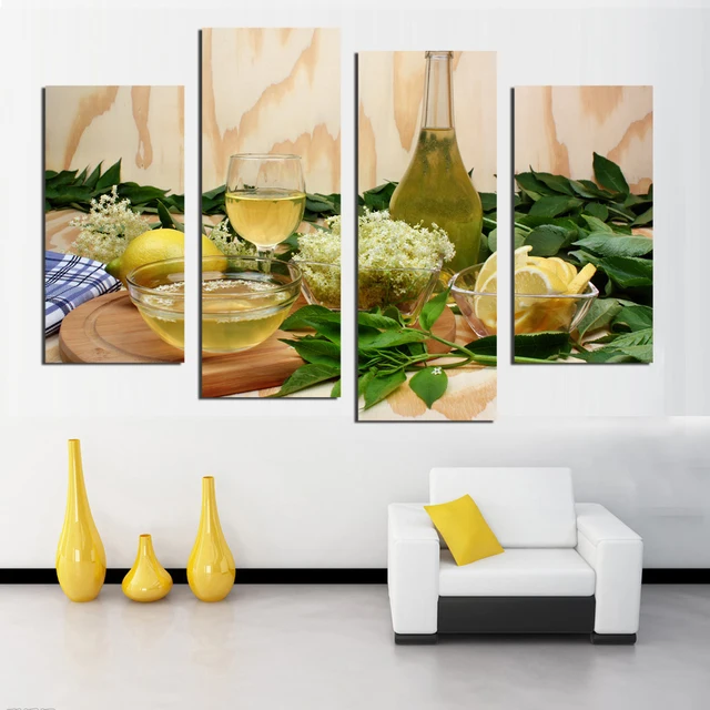 Fruits Jus De Citron Fleurs Vertes Toile De Peinture Moderne