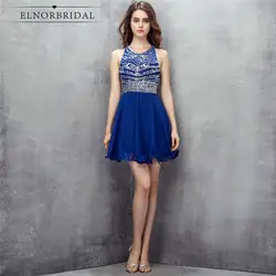 Королевский синий платье для выпускного вечера Короткие халат, украшенный бисером 2019 De Bal шифон обувь девочек вечерние платья для