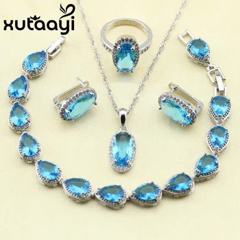 

XUTAAYI Flawless Alluring Blue Cubic Zirconia 4PCS Jewelry Set Silver color Overlay Earrings Ring Necklace Pendant Bracelet