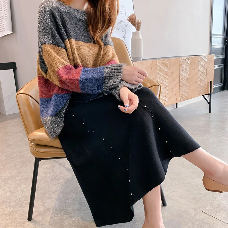 

Midi Knitting Skirt Women 2019 Autumn Winter Elegant High Waist A-Line Beading Skirts Female Long Warm Faldas Saia Jupe Femme