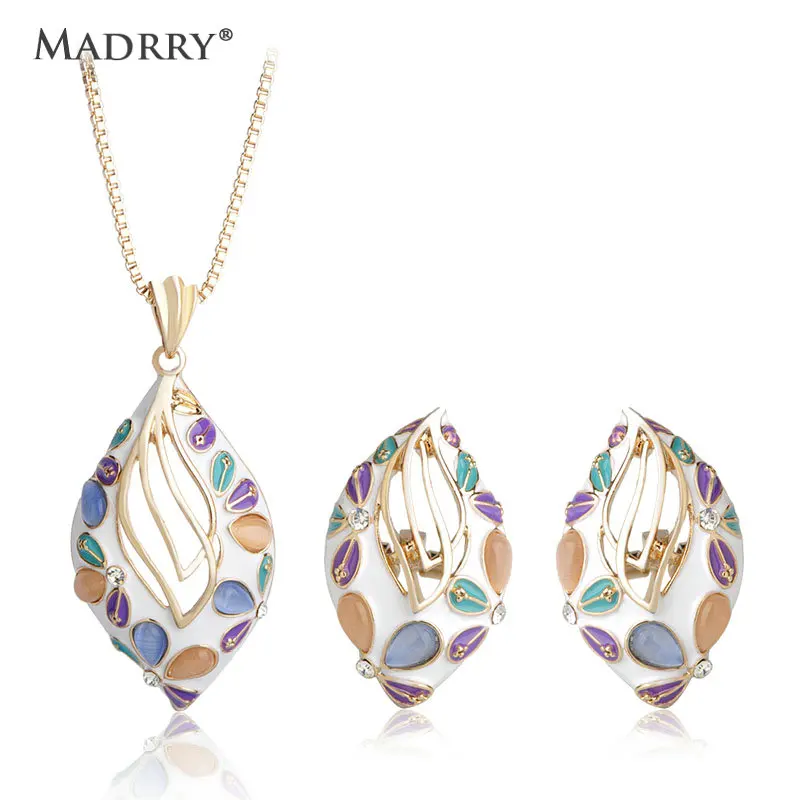 

Madrry Bohemia Colorful Dubai Jewelry Sets Enamel Fringe Opal Hollow Out Leaf Shape Necklace Earrings Sets French Hook For Women