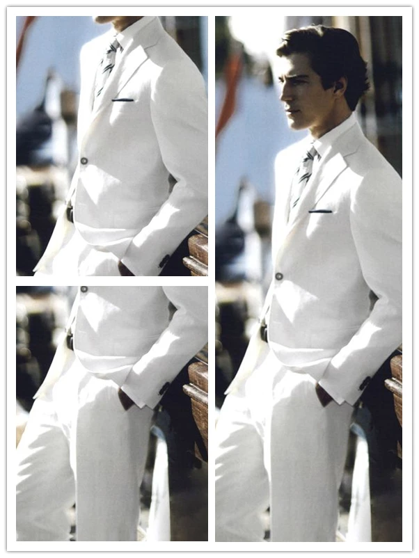 White Linen Beach Wedding Groom Tuxedos 2 Pieces Mens Prom