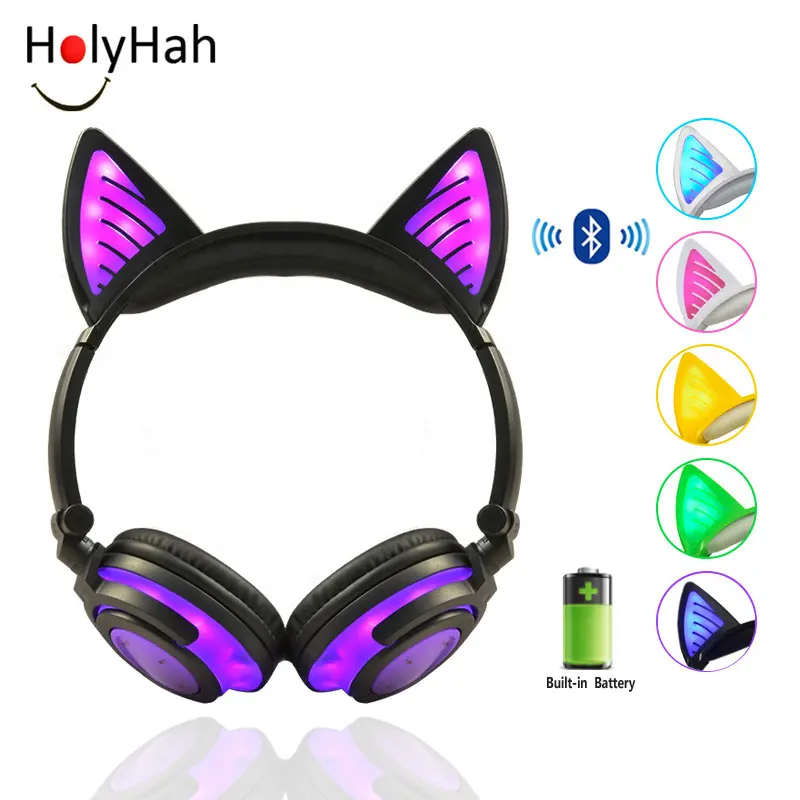 Holyhah Birthday Gift Wireless Bluetooth Earphone Foldable Flashing Cat Ear Children Headphones Gaming Headset With LED Light