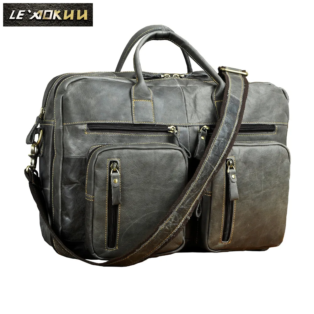 

Original Leather Man bag design Gray Organizer Travel Business briefcase 15" laptop bag Tote Portfolio Attache bag Male k1013-g