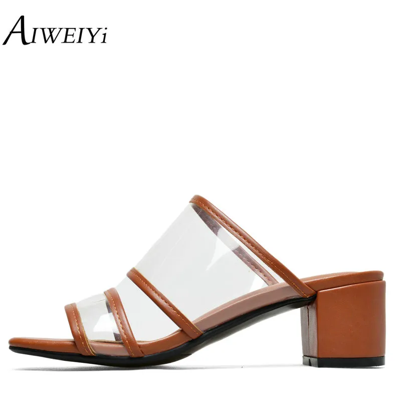 

AIWEIYi High Heel Sandals Women 2018 Summer Sexy Crystal Transparent High Heels Slides Slippers Genuine Leather Shoes Woman