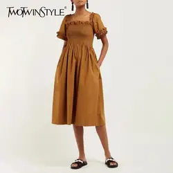 TWOWTWINSTYLE винтажное однотонное женское платье с квадратным вырезом с коротким рукавом с оборкой, с высокой посадкой тонкие миди платья