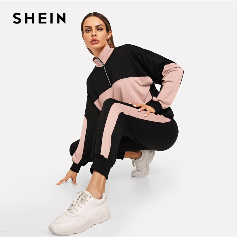 SHEIN أسود البريدي الجبهة حامل طوق اثنين من لهجة البلوز و Sweatpants مجموعة النساء قطعتين مجموعات 2019 الخريف عادي Twopiece