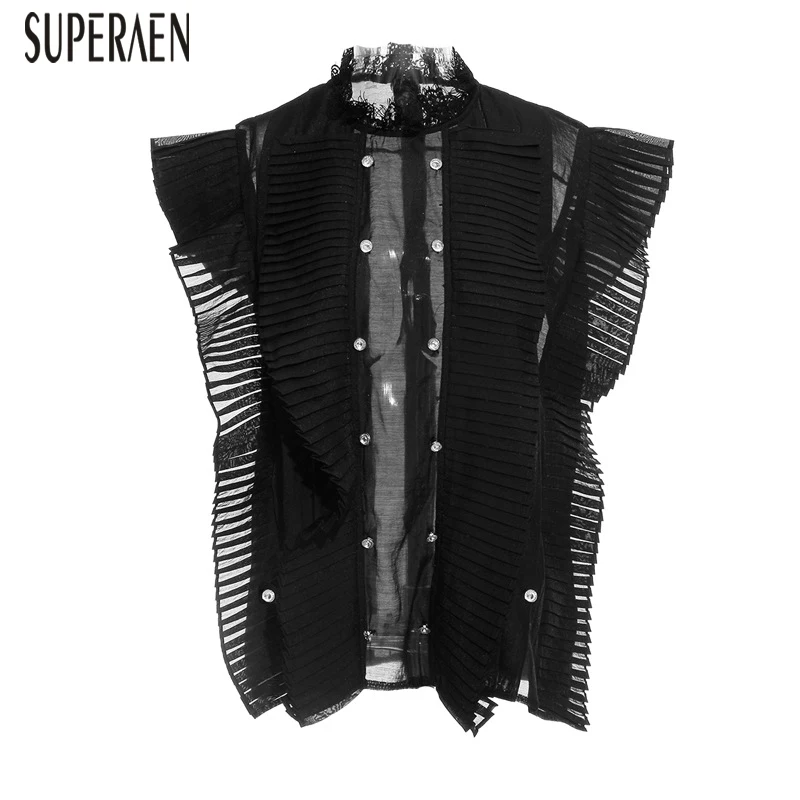 

SuperAen 2019 Summer New Lace Women Shirt Wild Stand Collar Sleeveless Blouses and Tops Female Chiffon Women Clothing