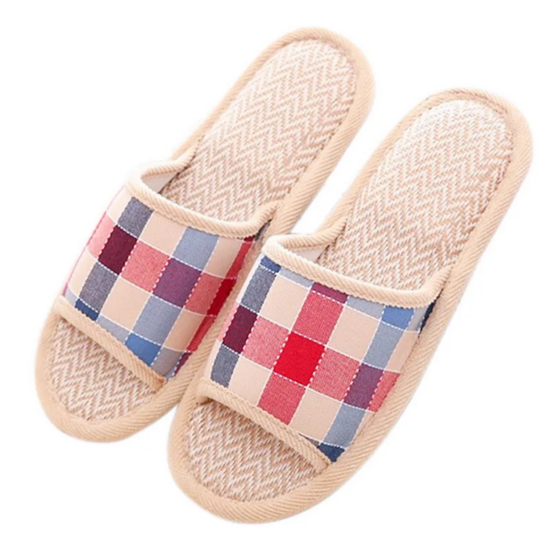 

Summer Shoes Woman 2019 Spring Flat Sandals Men Women Beach Flip Flops Big Size Plaid Indoor Home Slippers Linen Slipper