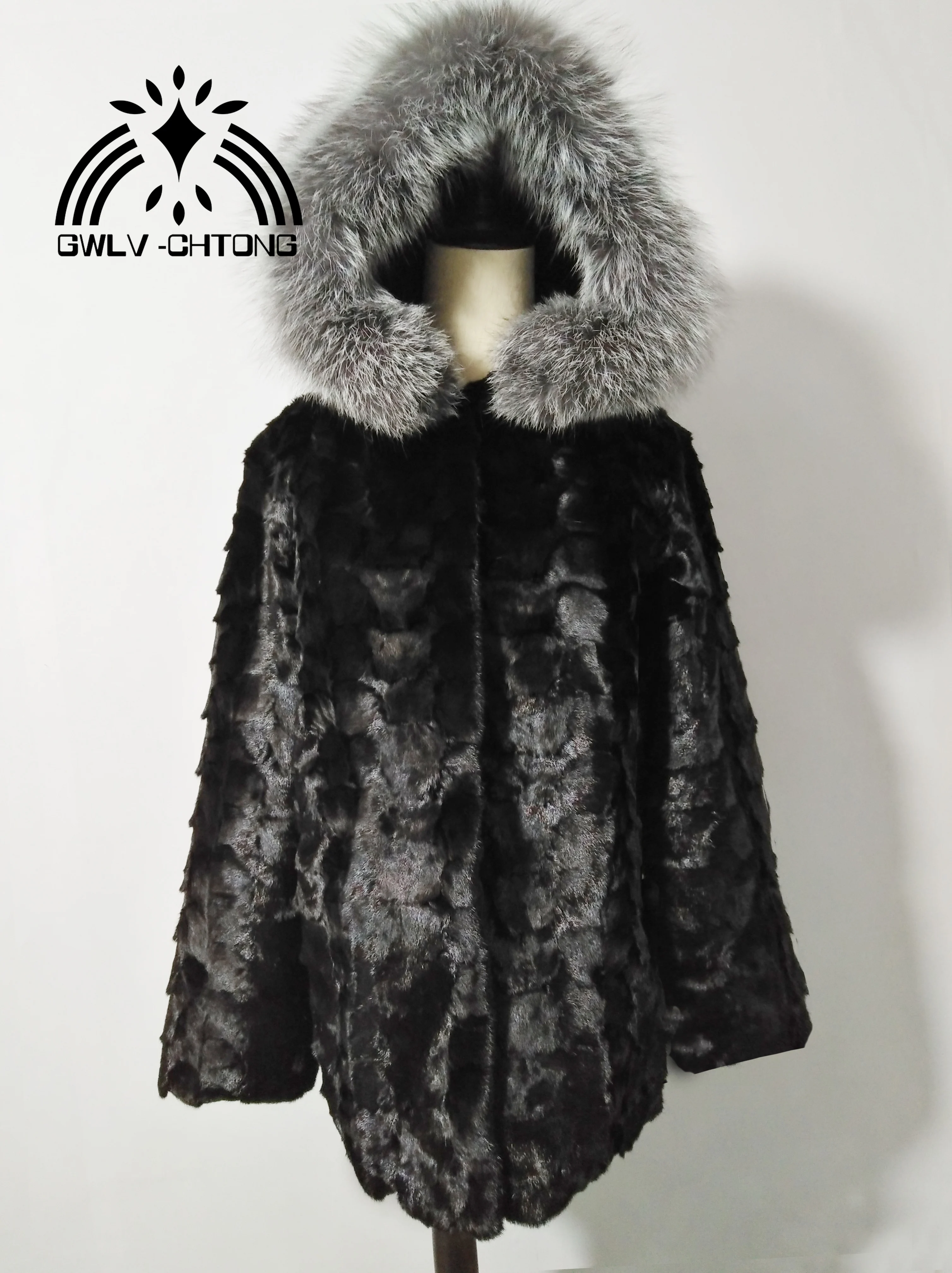 New genuine natural mink fur coat with sliver fox fur hood women fashion long jacket outwear black color custom any size