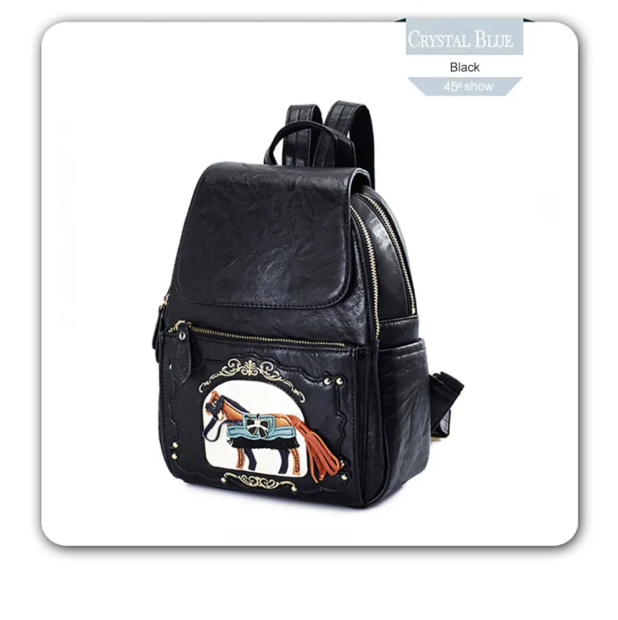 JKBW Women Backpack Fashion PU Leather Female Bags Teenager Girls School Bags Leisure Travel Bag with Cartoon Horse Decoration (10)